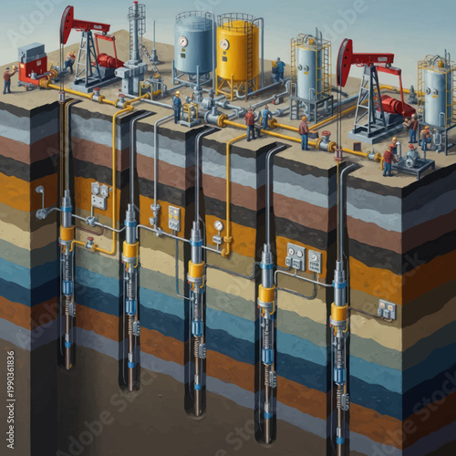 Oil Extraction Process Showing Underground Wells and Surface Facilities.