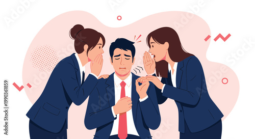 Businessman feels stressed and overwhelmed while colleagues whisper and spread workplace gossip behind his back.