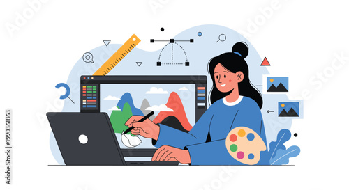 Graphic artist creates digital illustrations on tablet using stylus with creative art tools and color palette.