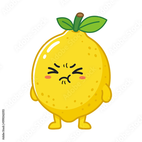 A cartoon lemon character with a face and leaves on top stands alone.