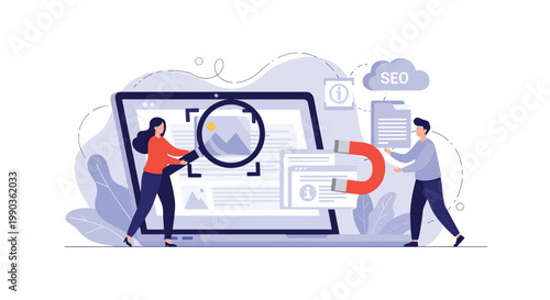 Marketing specialists use giant magnet and magnifying glass to optimize website SEO and attract target audience.