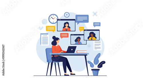 Woman works from home while participating in online video meeting with multiple colleagues on computer screen.