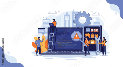 Developers perform software debugging and technical maintenance on laptop with server and gear illustrations.