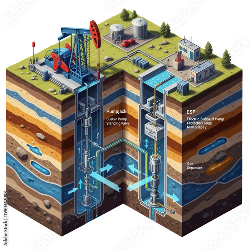 Oil Extraction Process Diagram Showing Underground Layers and Equipment.