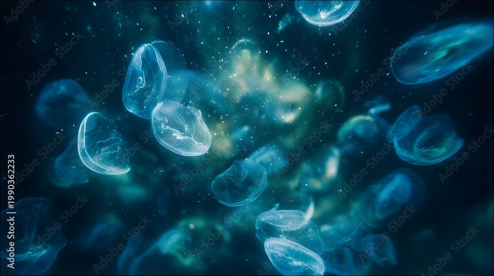 Obraz premium Ethereal ocean glow vibrant bioluminescent life illuminates deep dark waters a serene underwater world