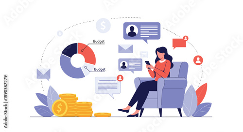 Woman sitting in an armchair using her smartphone to manage her budget and personal finances with charts and coins.