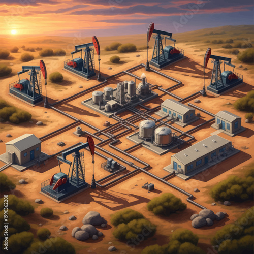 Oil extraction site with multiple pump jacks and processing facilities.