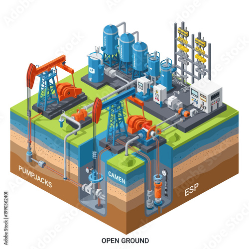 Oil Extraction Pumpjack and ESP Systems in Industrial Setting.