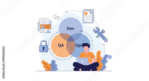 Male professional manages devops lifecycle integration including development quality assurance and operations from his laptop.