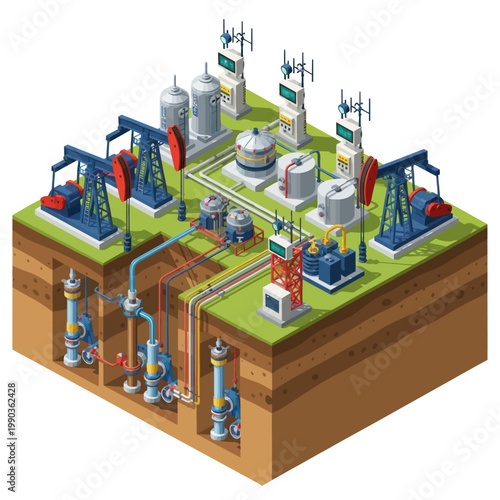Oil Extraction and Processing Plant with Pumpjacks and Storage Tanks.