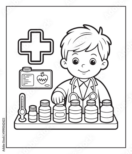 Medical student activity book of a cute doctor in hospital black line art vector illustration coloring page for kids and adults