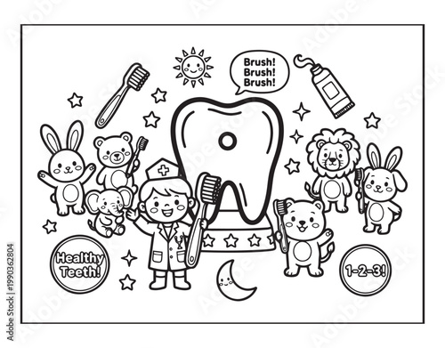 Medical student activity book of a cute dentist with animal patients black line art vector illustration coloring page for kids and adults