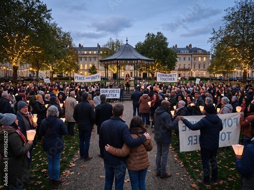 Diverse community gathers for peaceful candlelight vigil in park at dusk