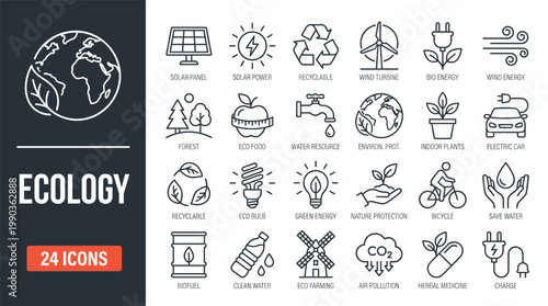 Ecology line icon set. Recycle, solar power, eco, nature, eco farming, green, environment, bio energy, clear water - stock vector.