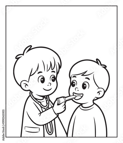 Medical student activity book of a cute doctor and patient in hospital black line art vector illustration coloring page for kids and adults