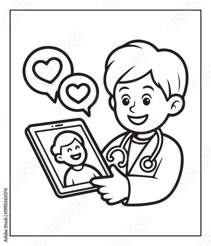 Medical student activity book of a cute doctor in hospital black line art vector illustration coloring page for kids and adults