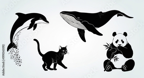 Collection of Diverse Animals Dolphin Whale Cat Panda.