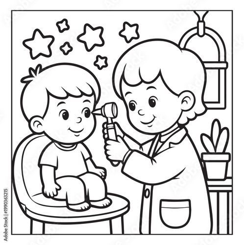 Medical student activity book of a cute doctor and patient in hospital black line art vector illustration coloring page for kids and adults