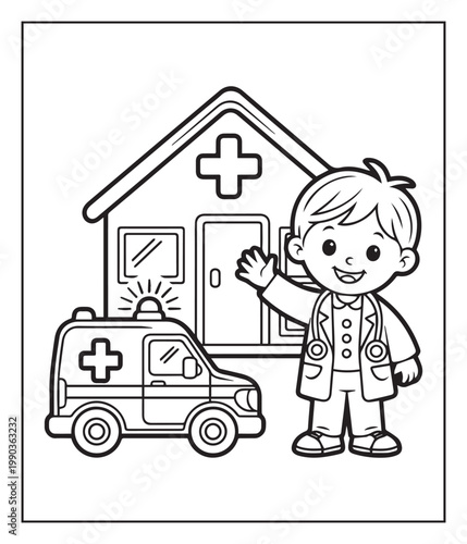Medical student activity book of a cute doctor standing in front of hospital black line art vector illustration coloring page for kids and adults