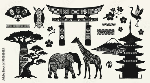 African and japanese traditional design elements vector silhouettes