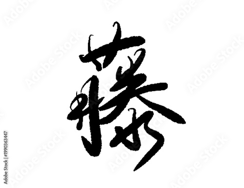 「藤」の筆文字ベクターイラスト。春から初夏の季節デザイン、伝統的な和風ロゴやパッケージに最適な優雅な手書き書体。