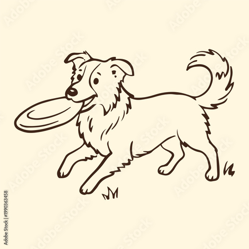 Dog playing frisbee line art illustration, cute pet character in minimal hand drawn outline style isolated on beige background