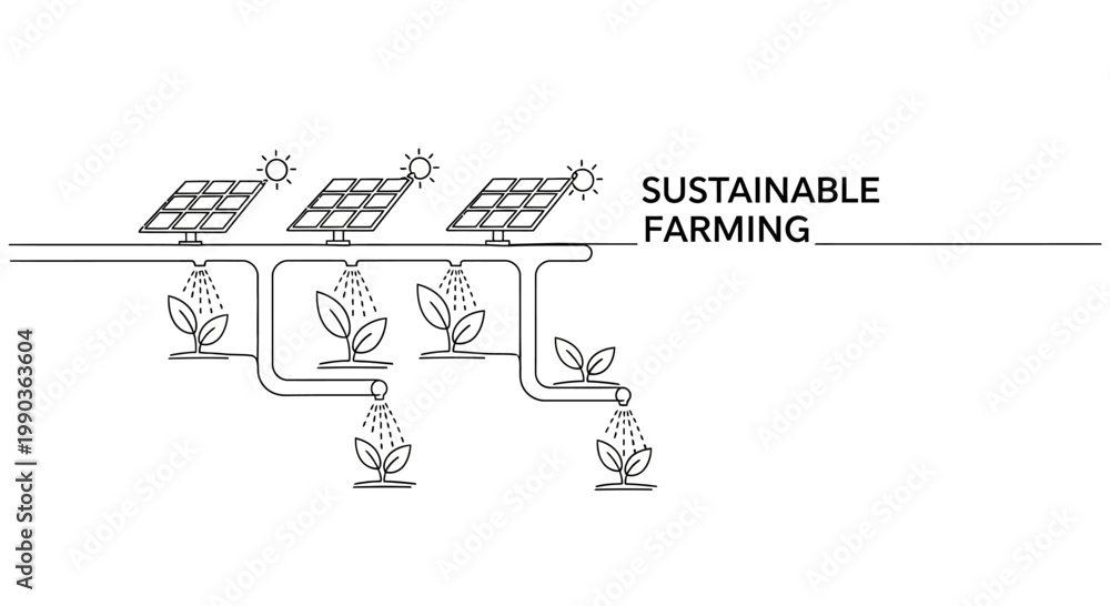 Εκτύπωση καμβά Continuous line drawing of solar powered irrigation system for sustainable farming