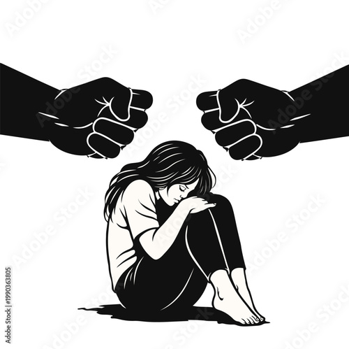 Violence concept illustration, scared woman under threatening fists, abuse awareness vector