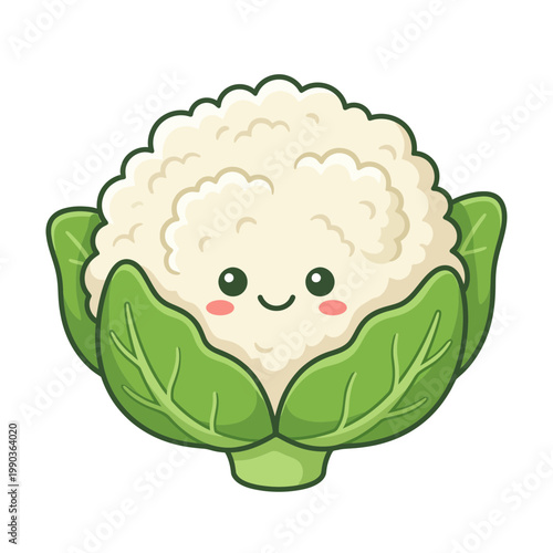 A smiling cartoon cauliflower with green leaves and rosy cheeks appears happy.