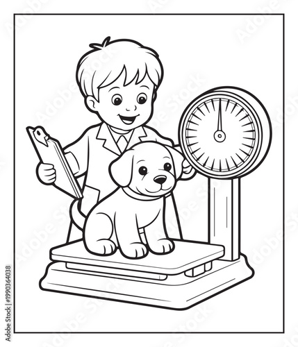 Medical student activity book of a cute doctor and patient in hospital black line art vector illustration coloring page for kids and adults