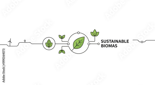 Sustainable Biomass Energy Concept with Green Leaf Symbols and Circuit Lines.