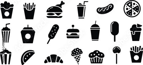 Fast Food Icons Set, Collection Of Delicious Snacks, Beverages, And Desserts, Vector Illustration On White