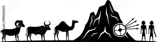 Ancient cave painting depicts wildlife and human figures in a desert landscape