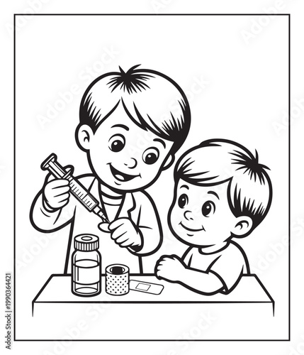 Medical student activity book of a cute doctor and patient in hospital black line art vector illustration coloring page for kids and adults