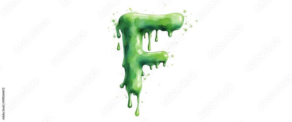 Obraz premium Green slime letter F drippy and gooey, artistic watercolor illustration, spooky Halloween theme, isolated on white background.