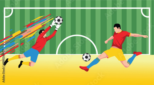 Soccer goalkeeper making a save against a striker kicking the ball on a green field