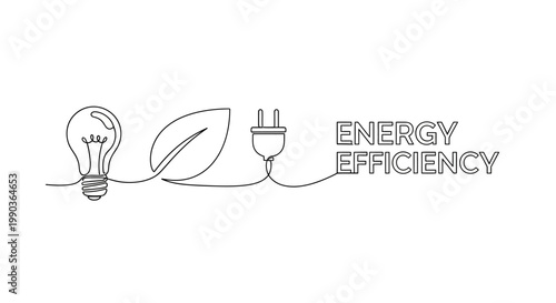 Continuous one line drawing of light bulb leaf and electrical plug with text.