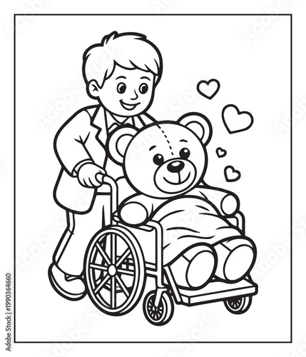 Medical student activity book of a cute doctor and patient in hospital black line art vector illustration coloring page for kids and adults