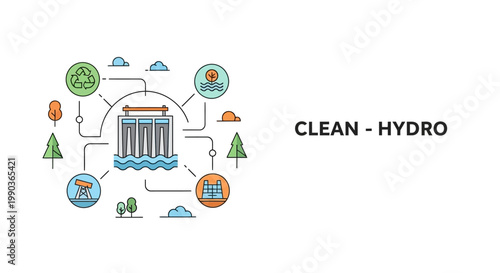 Clean hydro energy infographic illustration with icons and text.