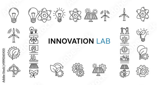 Innovation Lab Concept with Hand Drawn Renewable Energy and Science Icons.