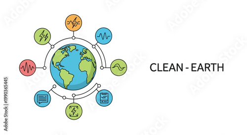 Clean Earth concept with globe and renewable energy icons.