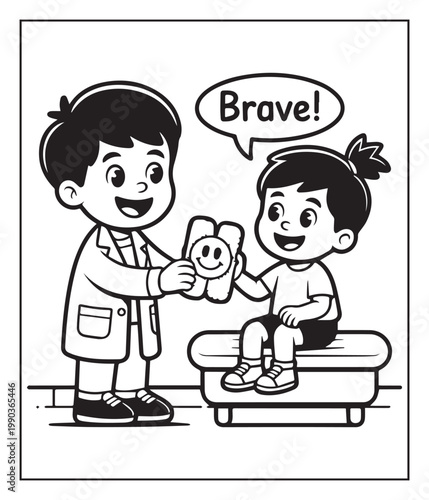 Medical student activity book of a cute doctor and patient in hospital black line art vector illustration coloring page for kids and adults