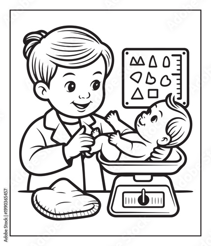 Medical student activity book of a cute doctor and patient in hospital black line art vector illustration coloring page for kids and adults