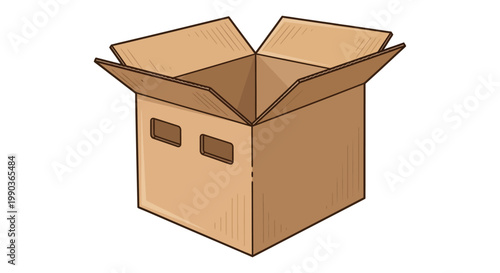 Open cardboard box illustration with flaps raised and cutouts on sides for handling