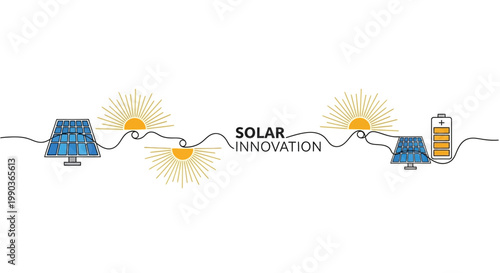 Solar innovation continuous line drawing featuring photovoltaic panels and energy storage battery.