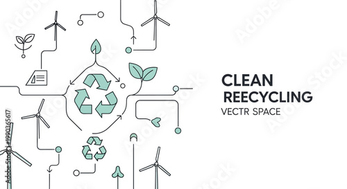 Clean recycling and sustainable energy concept illustration with wind turbines and circuit lines.