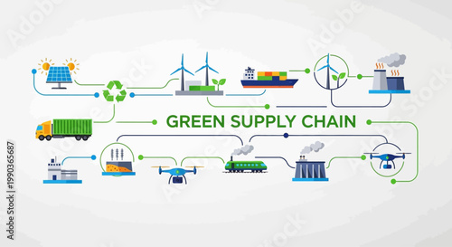 Green supply chain concept infographic with sustainable logistics and eco friendly industry icons.
