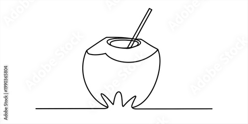 A simple continuous line drawing of a fresh coconut drink with a straw on a plain white background Vector, illustration