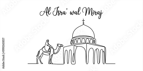 A single line art illustration depicting the holy event of al isra wal miraj with a camel rider. Vector, illustration
