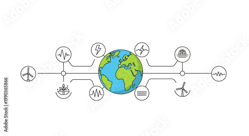 Global energy network infographic with earth globe and icons.